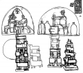 Totem and potter’s workshop, sketches